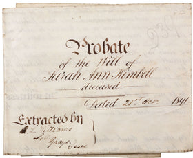 LAST WILL AND TESTAMENT OF SARAH ANN KIMBELL, PROBATED LONDON 1891