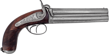 A FINE FRENCH OVER AND UNDER PERCUSSION PISTOL BY F.P. CARON PARIS 1852-74 GUNMAKER TO NAPOLEON III